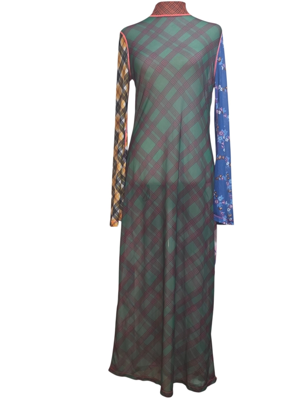 NWT CeliaB Ixora Mesh Midi Dress Mixed Plaid Floral Sheer Mock Neck S - Picture 2 of 15